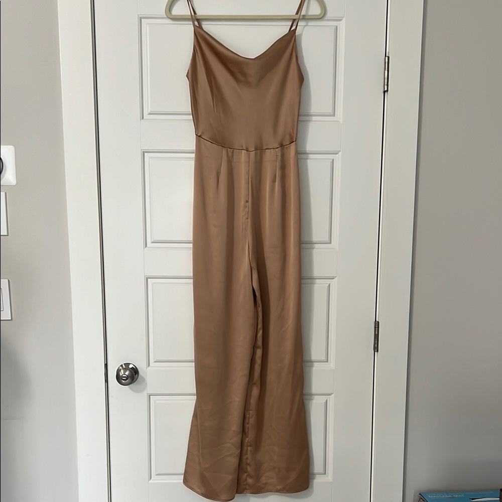 Tan Satin Jumpsuit with Spaghetti Straps and Wide-Leg Pants